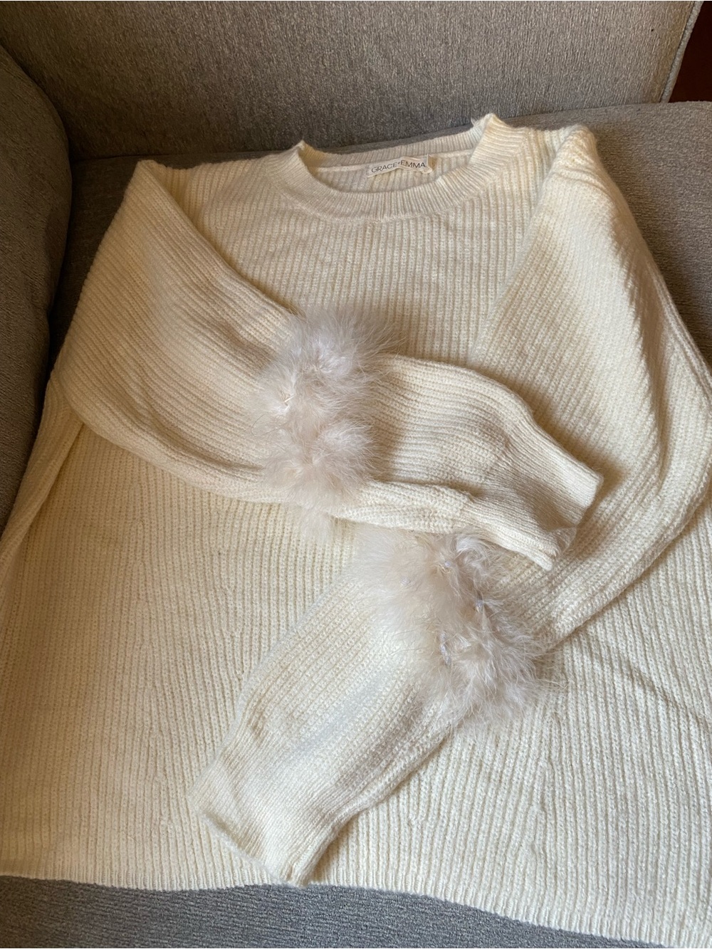 Feather-Trim Ribbed Crewneck Sweater in Cream
